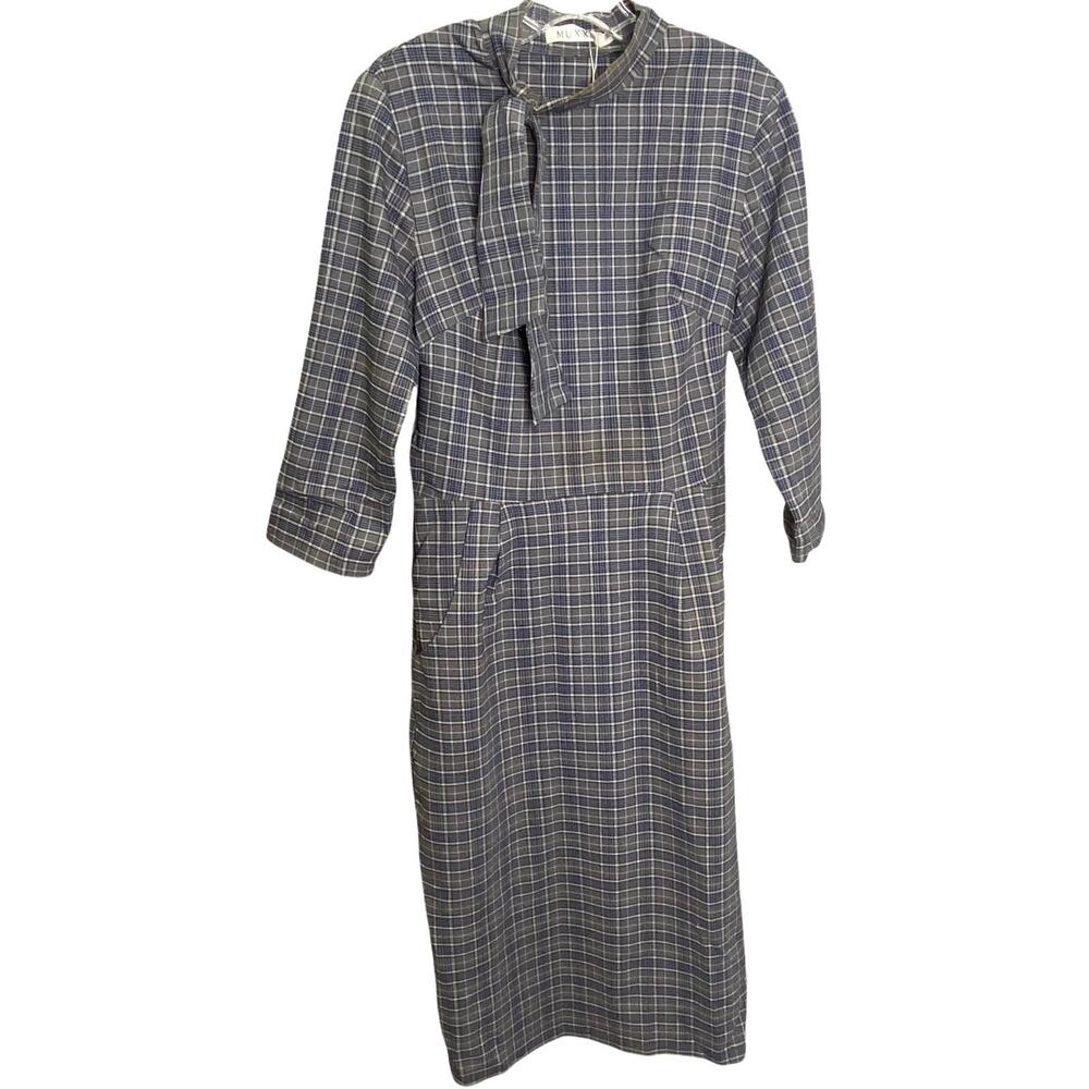 MUXXN Women's Dress M Tie Neck Formal Sheath  Pocket Audrey Hepburn‎ Plaid Midi